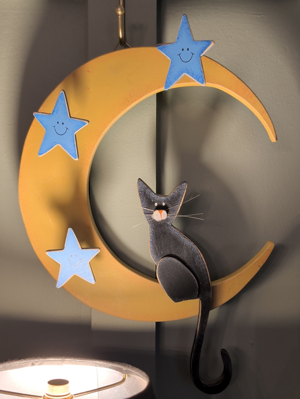 Decorative Cat on Crescent Moon Wall Hanging - Yellow and Blue